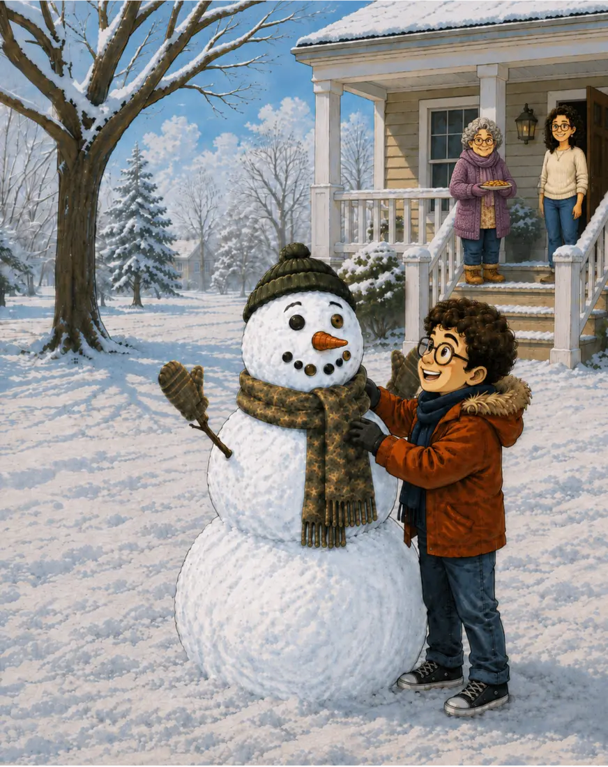 Lucas happily standing beside the snowman he built